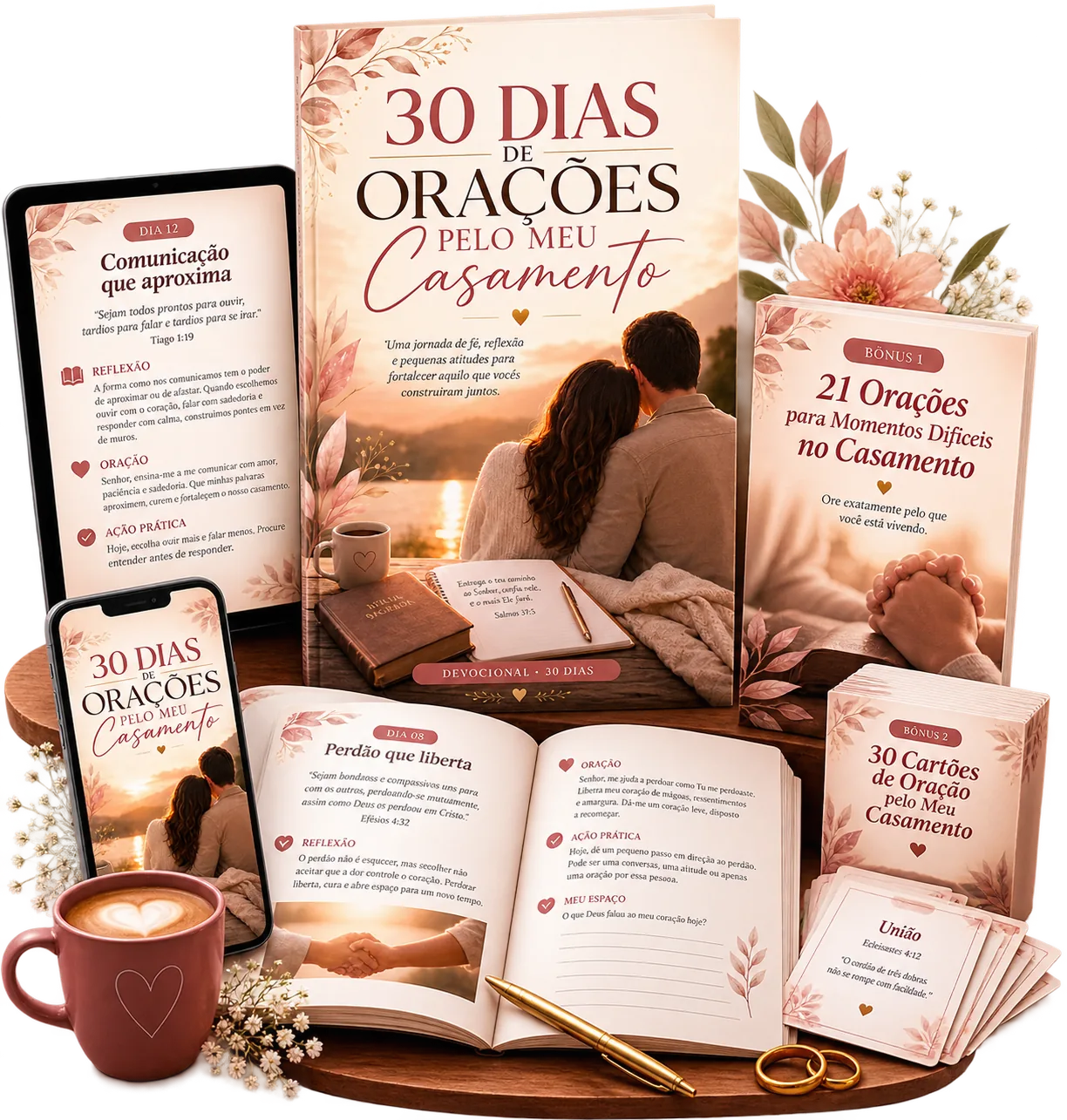 Mockup do Guia 30 Dias de Orações pelo Meu Casamento em versão digital e tablet